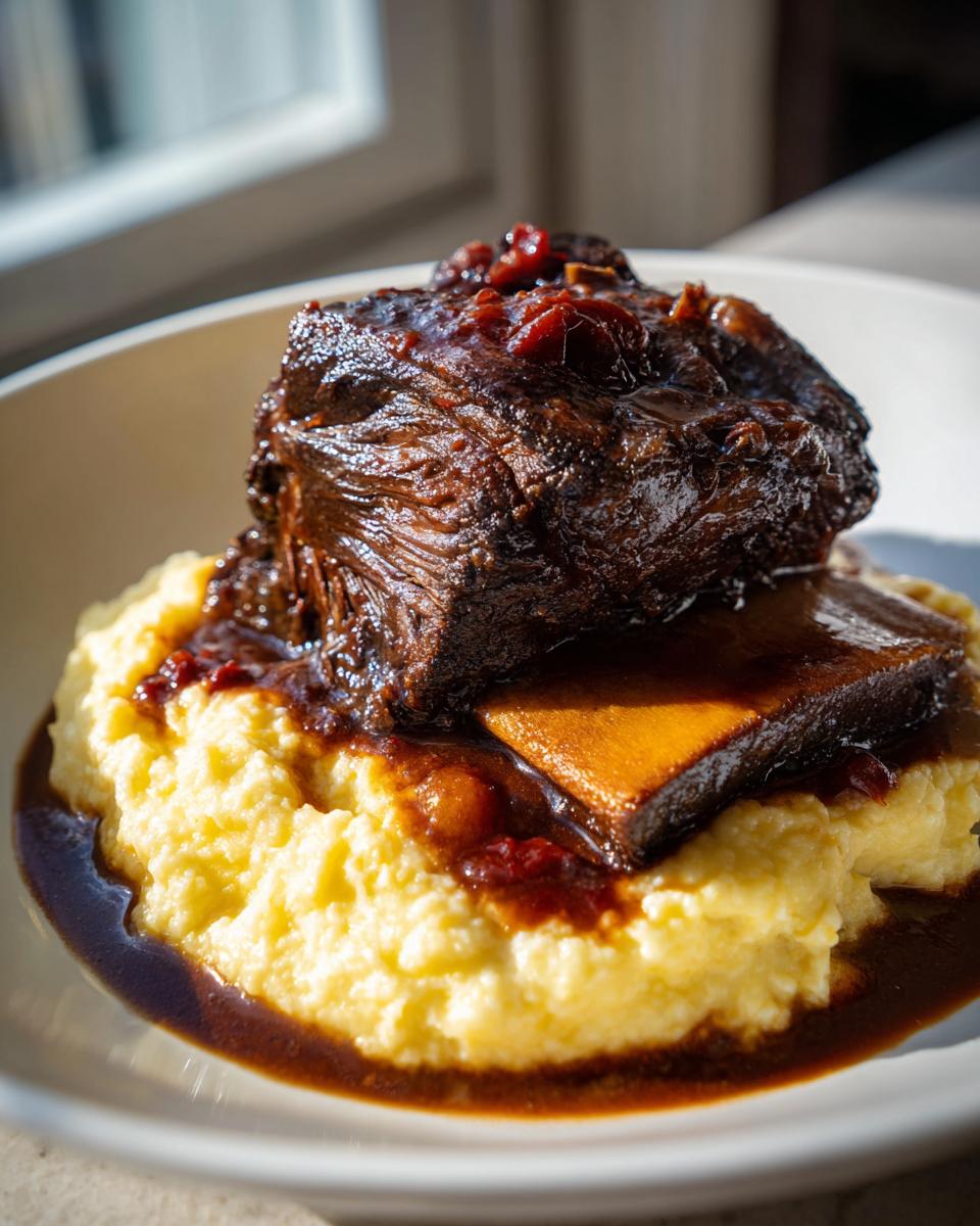 A close-up of tender braised short ribs covered in rich sauce, served over creamy yellow polenta.