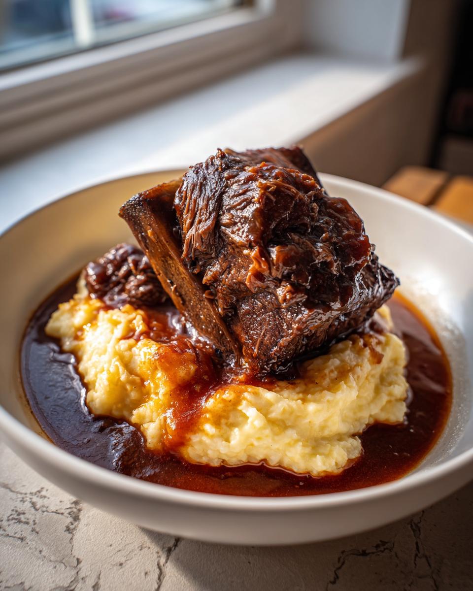 A single, large piece of tender braised short ribs served over creamy polenta and rich brown sauce.