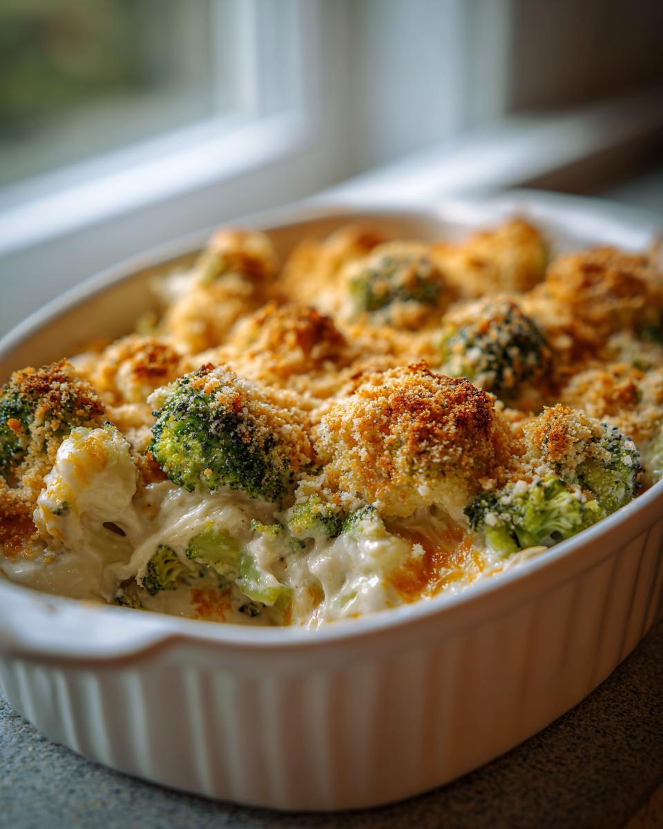 Close-up of a baked broccoli cauliflower casserole in a white dish, featuring a creamy sauce and golden breadcrumb topping.