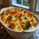 A freshly baked broccoli cauliflower casserole with a golden, crispy breadcrumb topping in a white oval dish.