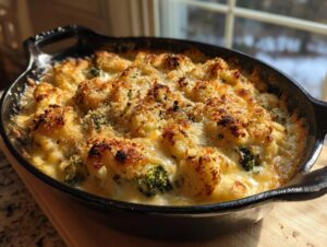 A bubbling, cheesy broccoli cauliflower casserole with a golden brown, crispy breadcrumb topping in a black cast iron skillet.