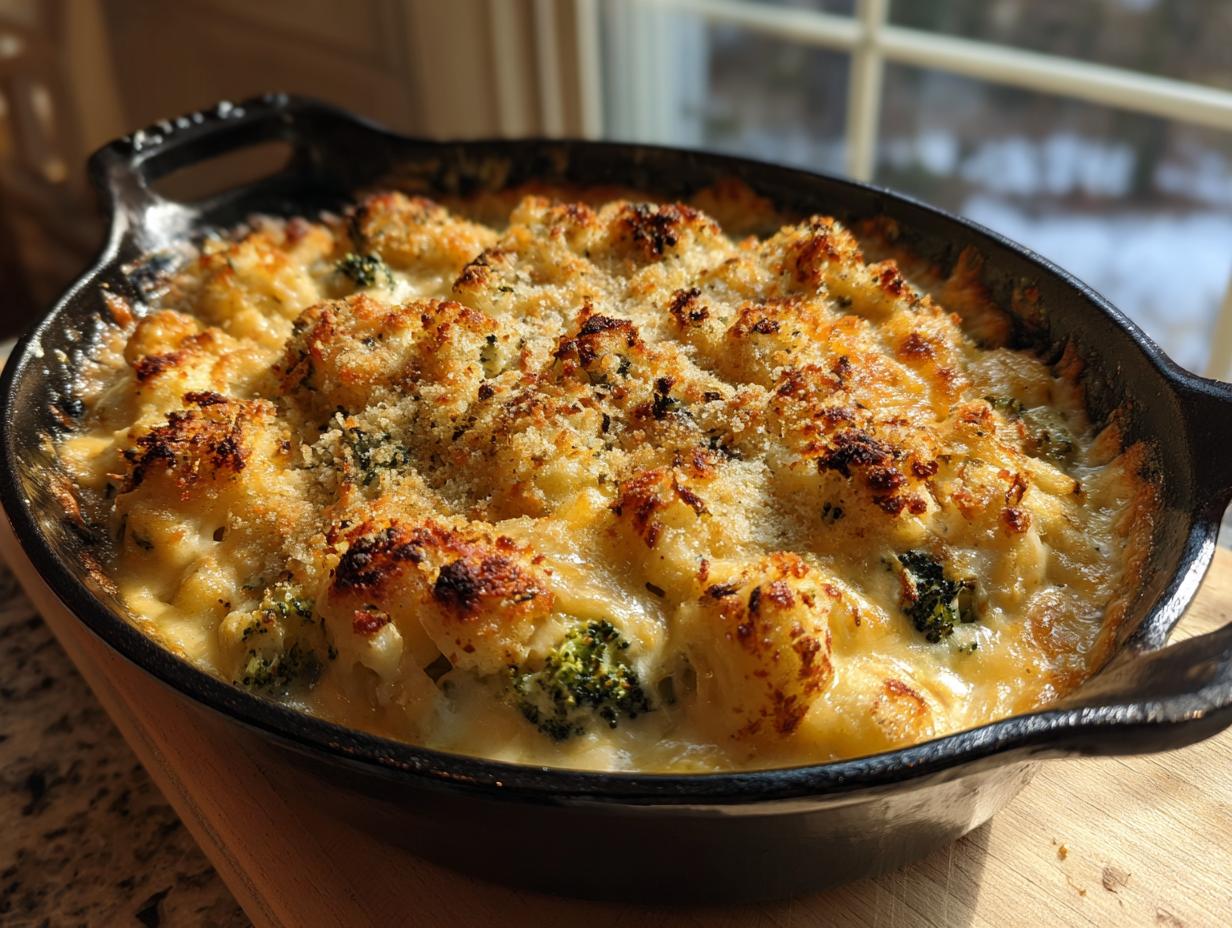 A bubbling, cheesy broccoli cauliflower casserole with a golden brown, crispy breadcrumb topping in a black cast iron skillet.
