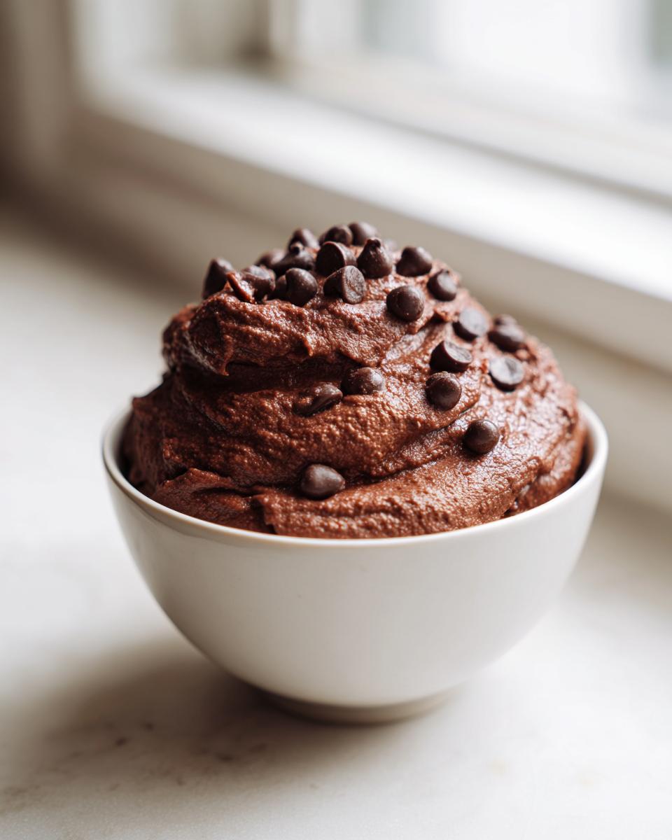 A white bowl filled with thick, rich brownie batter dip, generously topped with mini chocolate chips.