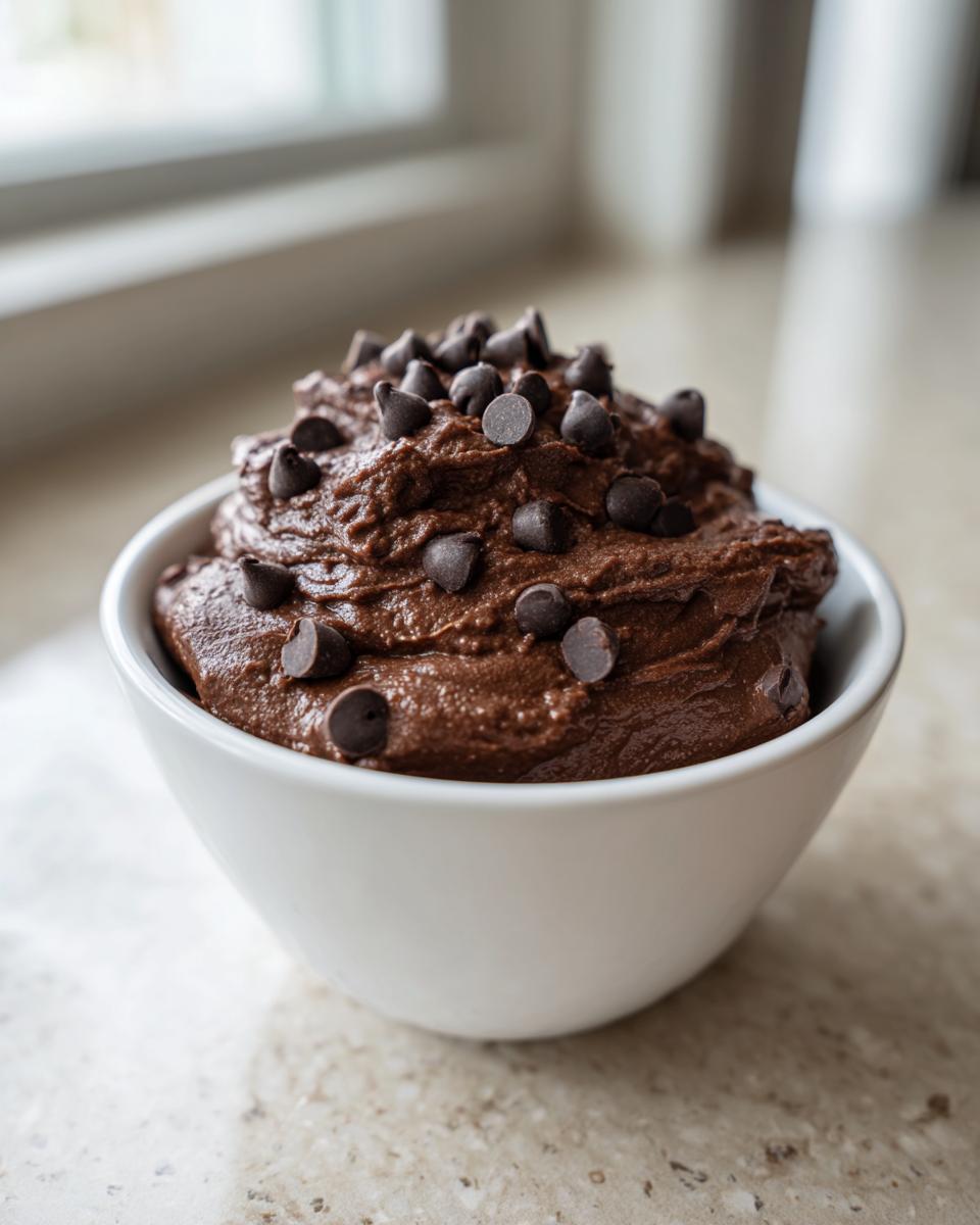 A close-up of rich, dark chocolate brownie batter dip served in a white bowl and topped generously with mini chocolate chips.