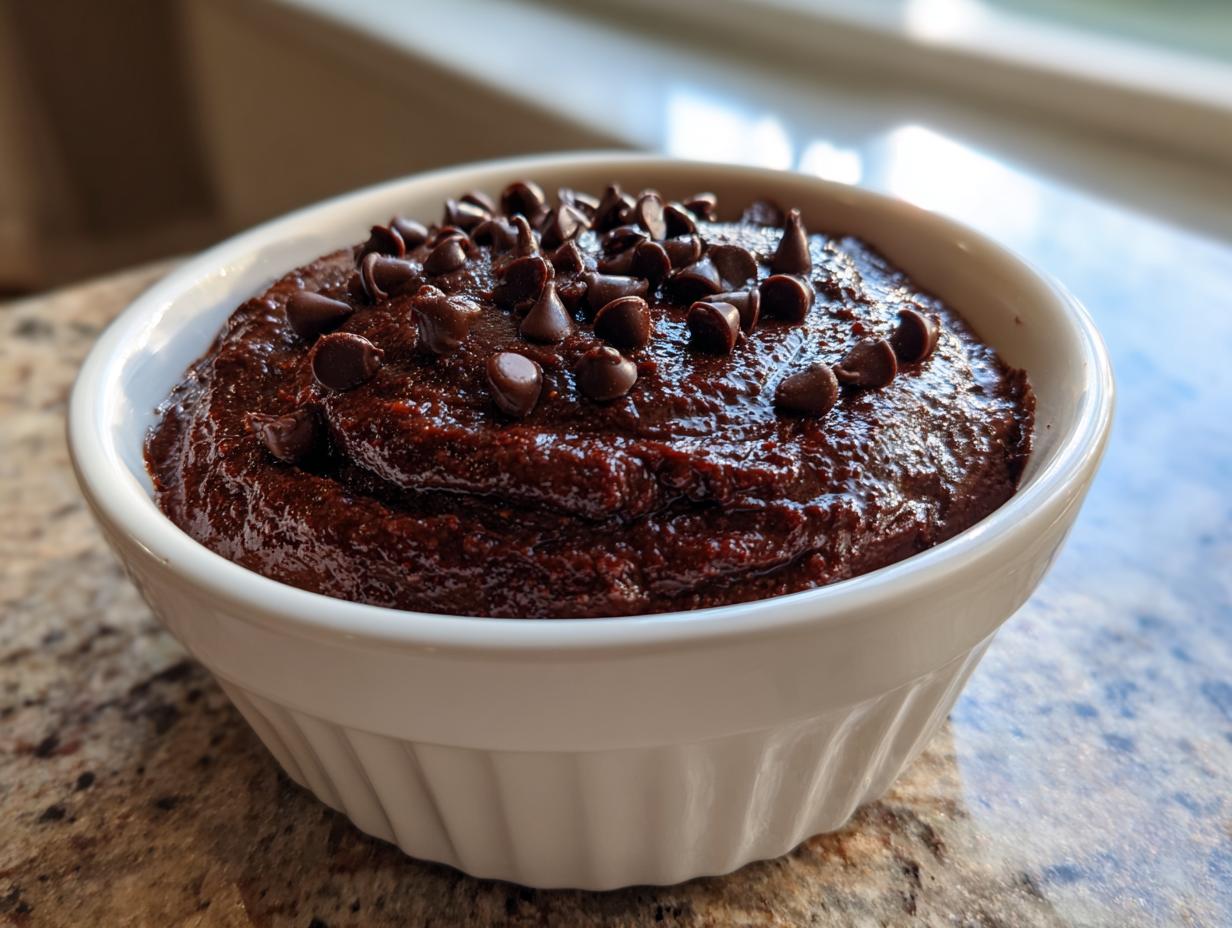 A close-up of rich, dark brownie batter dip topped generously with mini chocolate chips in a white ramekin.