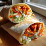 Two halves of a delicious buffalo chicken wrap cut on a wooden board, showing crispy chicken, lettuce, carrots, and blue cheese dressing.