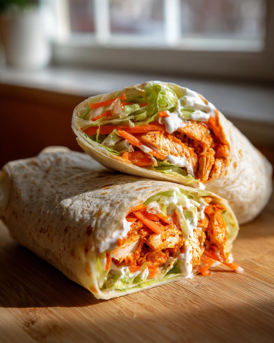 Two halves of a buffalo chicken wrap, showing spicy chicken, shredded carrots, lettuce, and ranch dressing inside a tortilla.