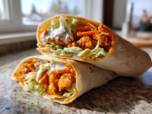 Two halves of a delicious buffalo chicken wrap cut in half, showing spicy chicken, lettuce, carrots, and ranch dressing.