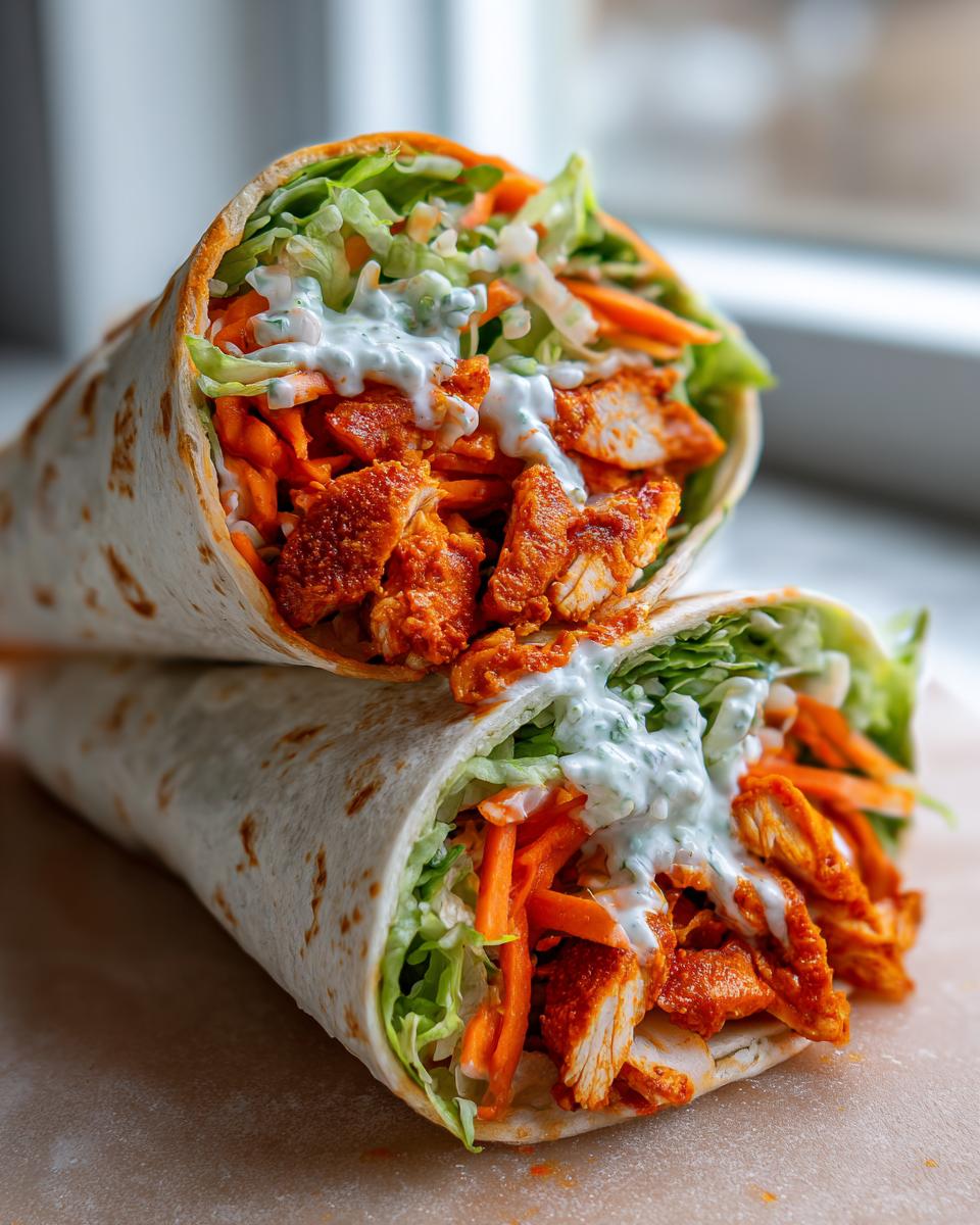 Two halves of a buffalo chicken wrap stacked, showing spicy chicken, shredded carrots, lettuce, and ranch dressing.