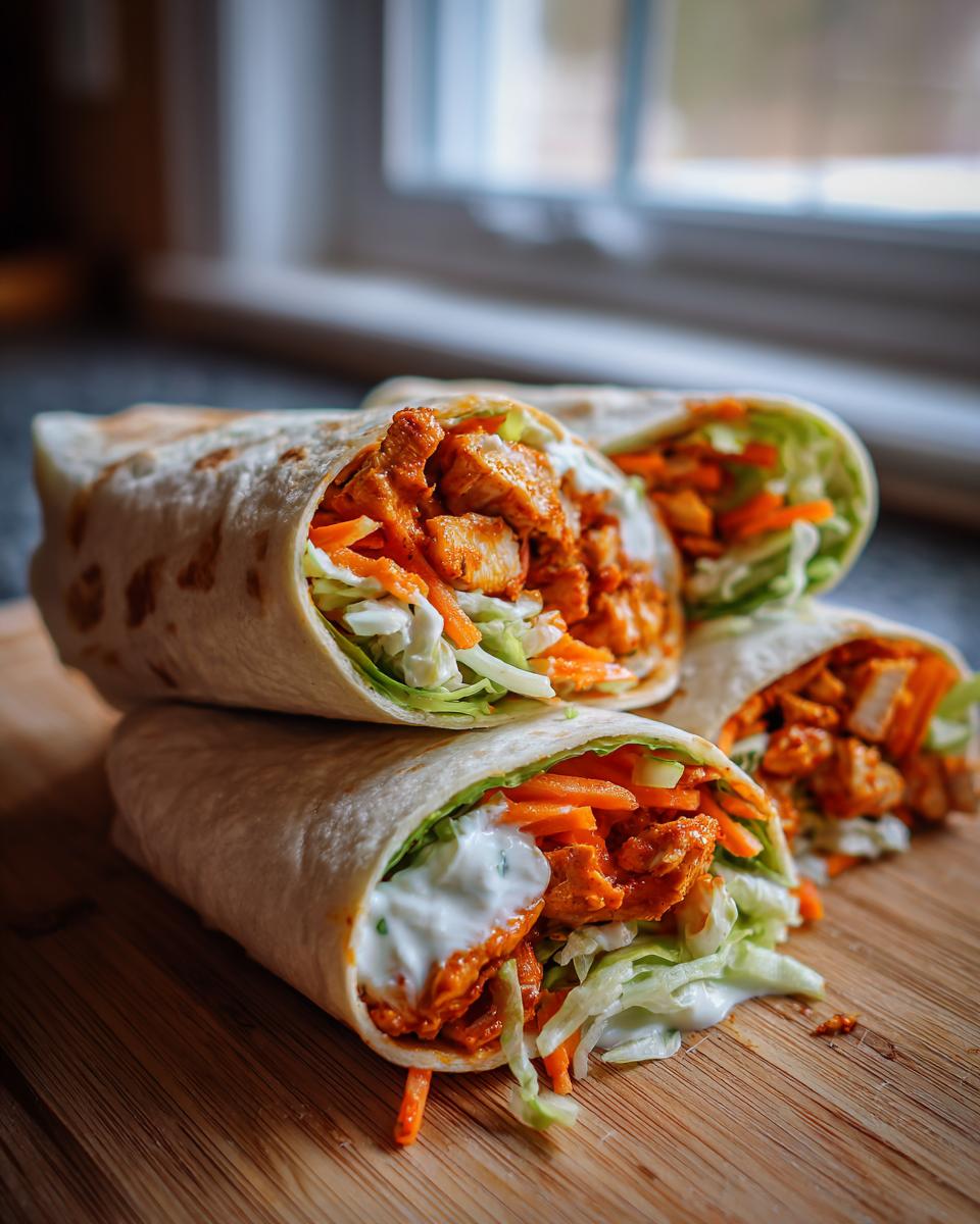 Three halves of a delicious buffalo chicken wrap stacked on a wooden board, showing spicy chicken, slaw, and ranch dressing.