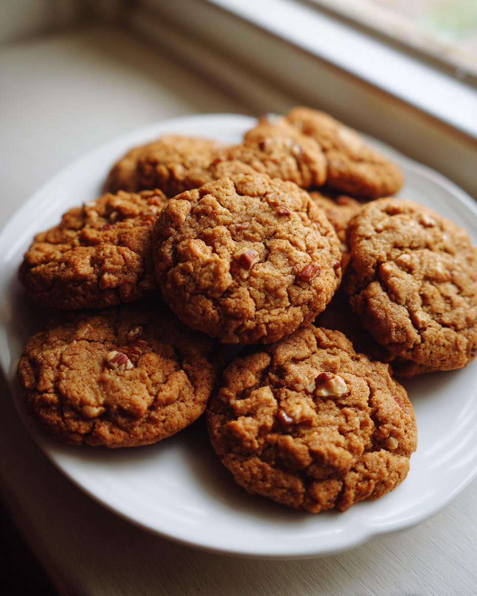 A stack of freshly baked, golden brown butter pecan cookies piled on a white plate near a window.