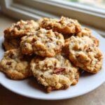 A white plate piled high with freshly baked, chewy butter pecan cookies featuring visible chopped pecans.