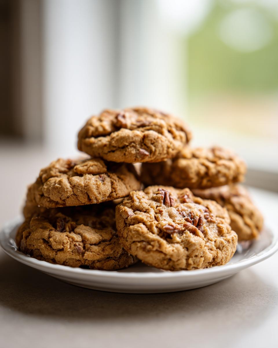 A close-up stack of freshly baked butter pecan cookies piled high on a white plate near a bright window.
