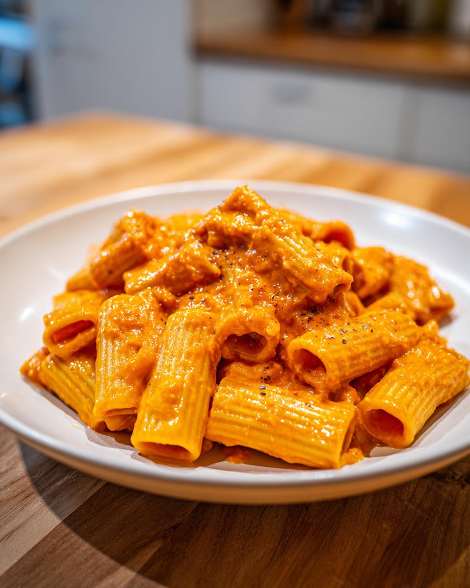 A white bowl filled with rigatoni pasta coated in a rich, orange butternut squash pasta sauce, topped with cracked black pepper.