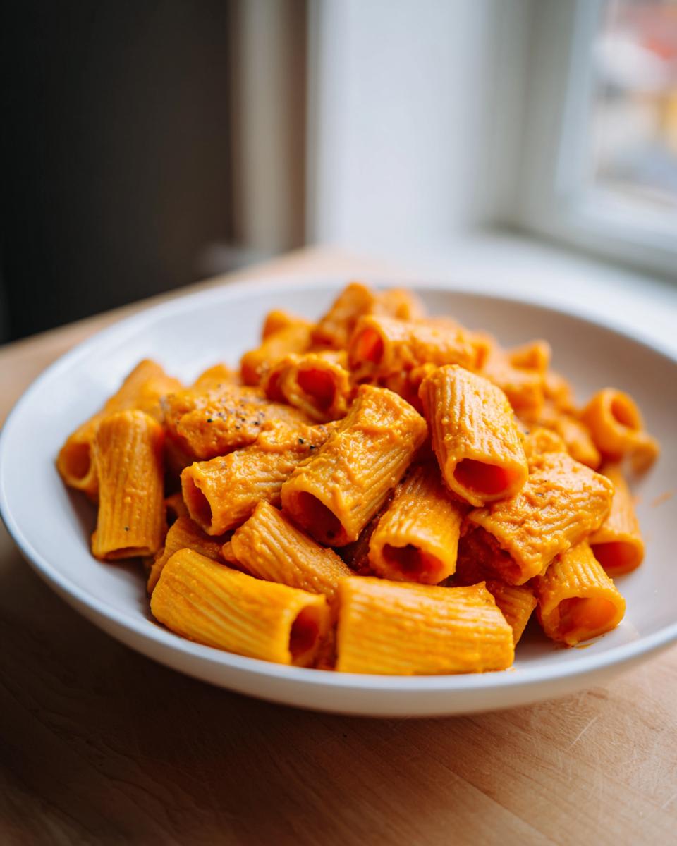 A bowl of rigatoni pasta coated in a rich, orange butternut squash pasta sauce, seasoned with pepper.
