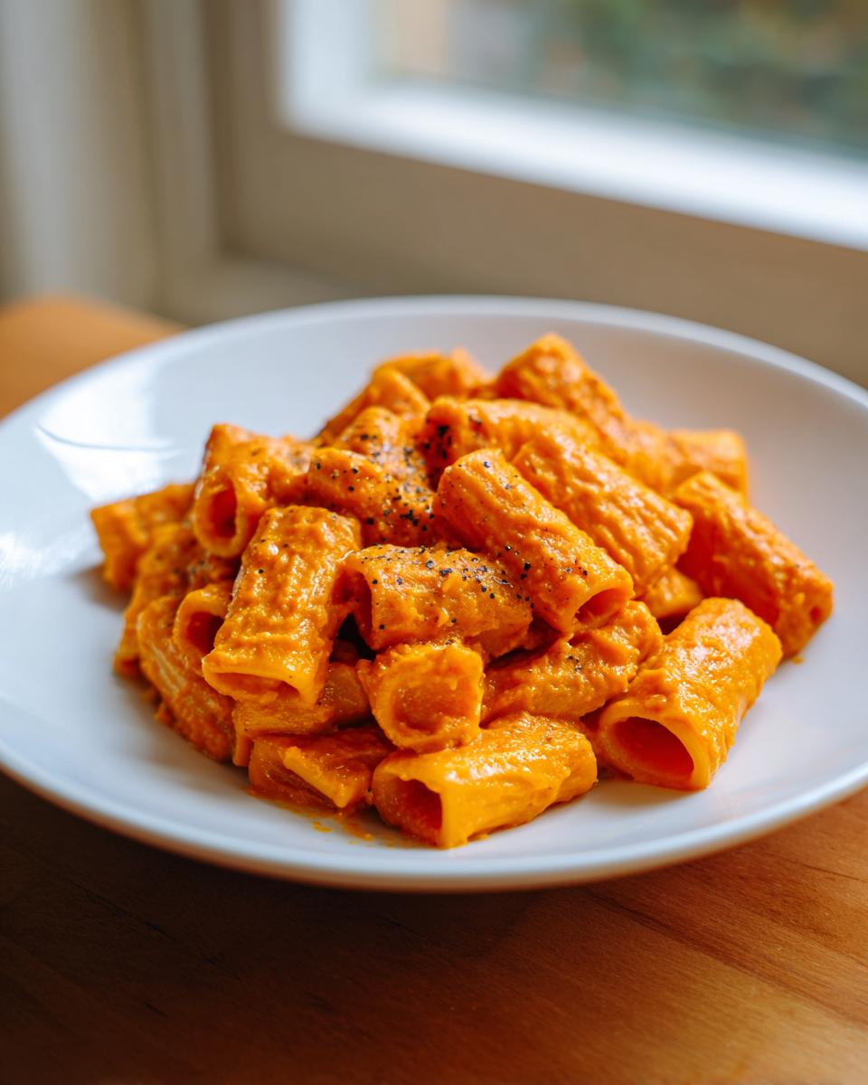 A white bowl filled with rigatoni pasta coated in vibrant orange butternut squash pasta sauce and topped with black pepper.