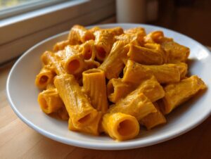 A white bowl filled with rigatoni pasta coated in a thick, vibrant orange butternut squash pasta sauce.
