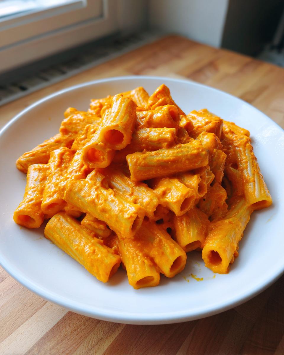 A white bowl filled with rigatoni pasta generously coated in a vibrant orange butternut squash pasta sauce.