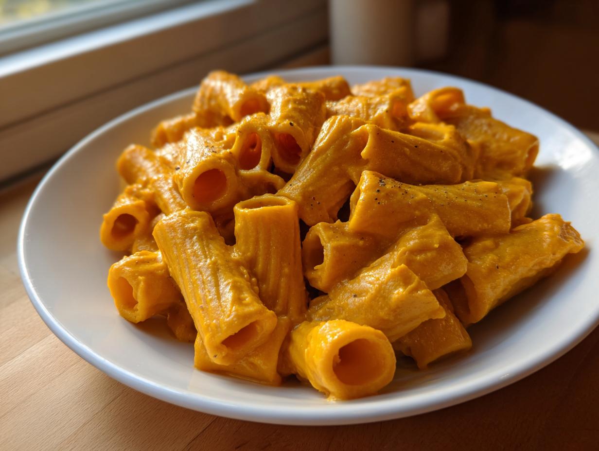 A white bowl filled with rigatoni pasta coated in a thick, vibrant orange butternut squash pasta sauce.
