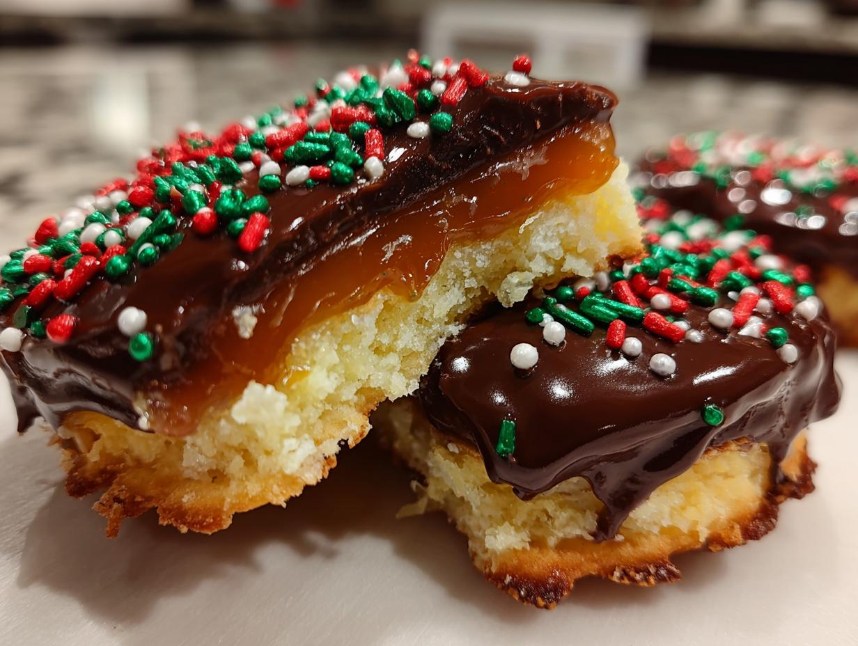 Close-up of Caramel Ritz Cracker Christmas Cookies showing the layers of cracker, caramel, chocolate, and sprinkles.