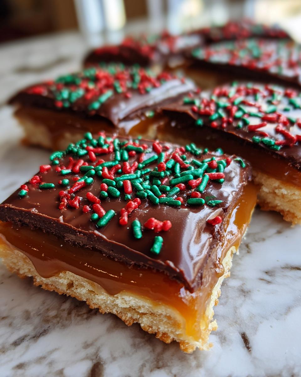 Close-up of square caramel ritz cracker christmas cookies topped with chocolate and red/green sprinkles.