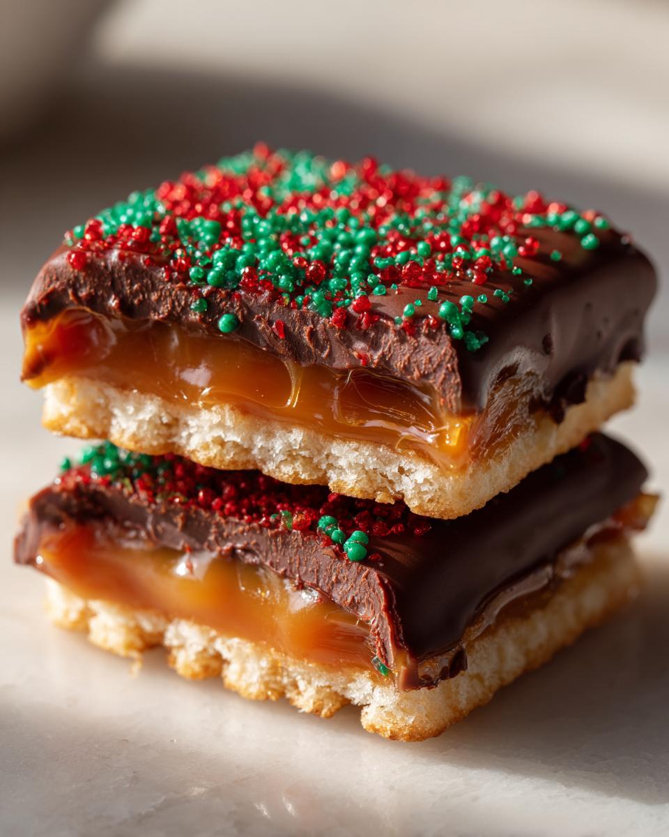 Two stacked Caramel Ritz Cracker Christmas Cookies with gooey caramel, chocolate, and red/green sprinkles.