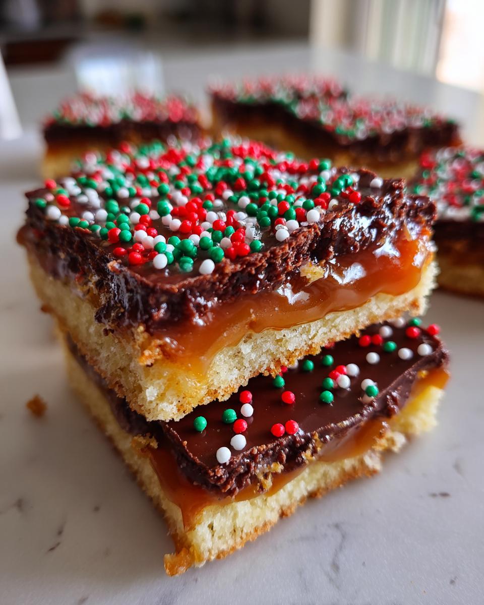 Two stacked squares of Caramel Ritz Cracker Christmas Cookies with gooey caramel, chocolate, and red/green/white sprinkles.