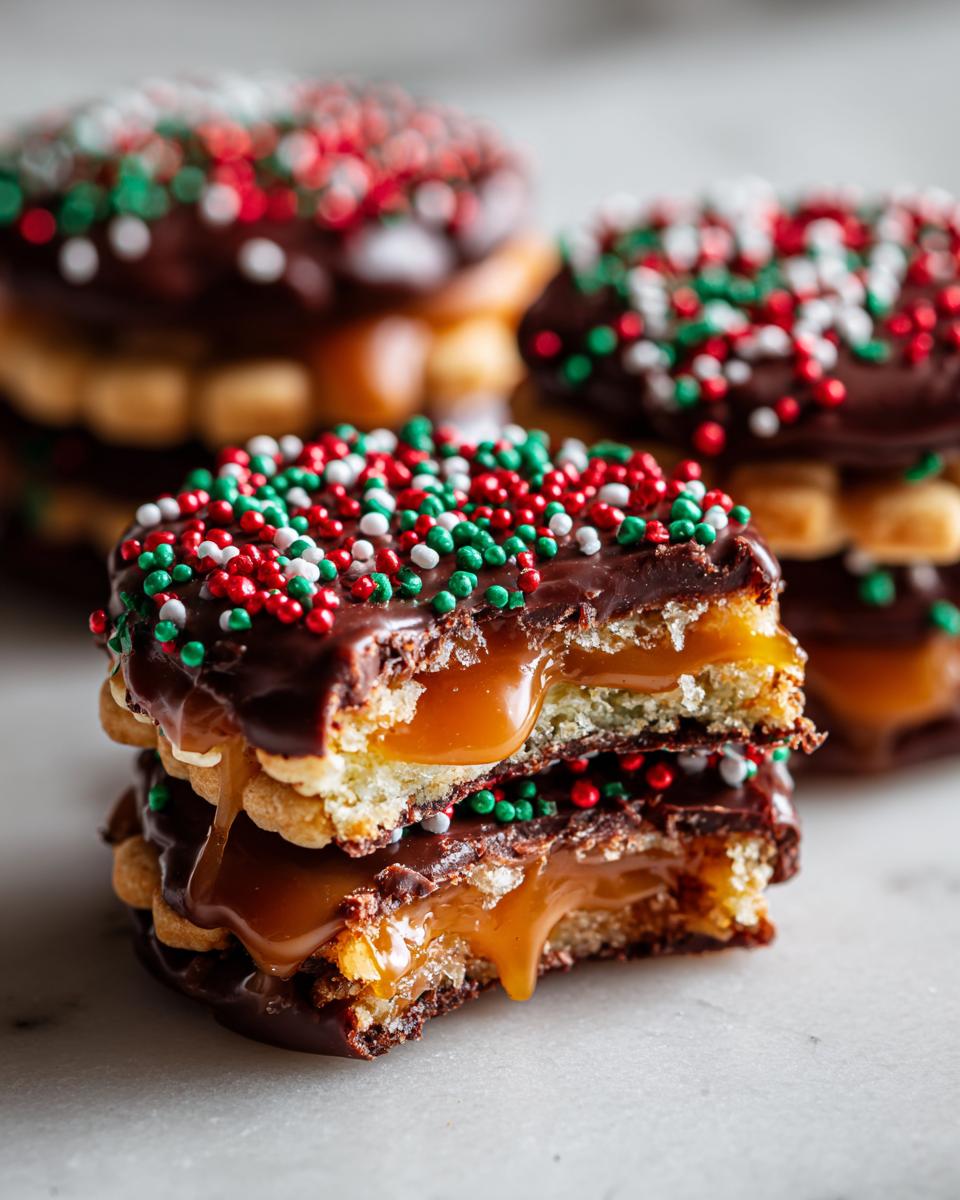 Close-up of stacked Caramel Ritz Cracker Christmas Cookies, showing gooey caramel filling and chocolate topping with red, green, and white sprinkles.