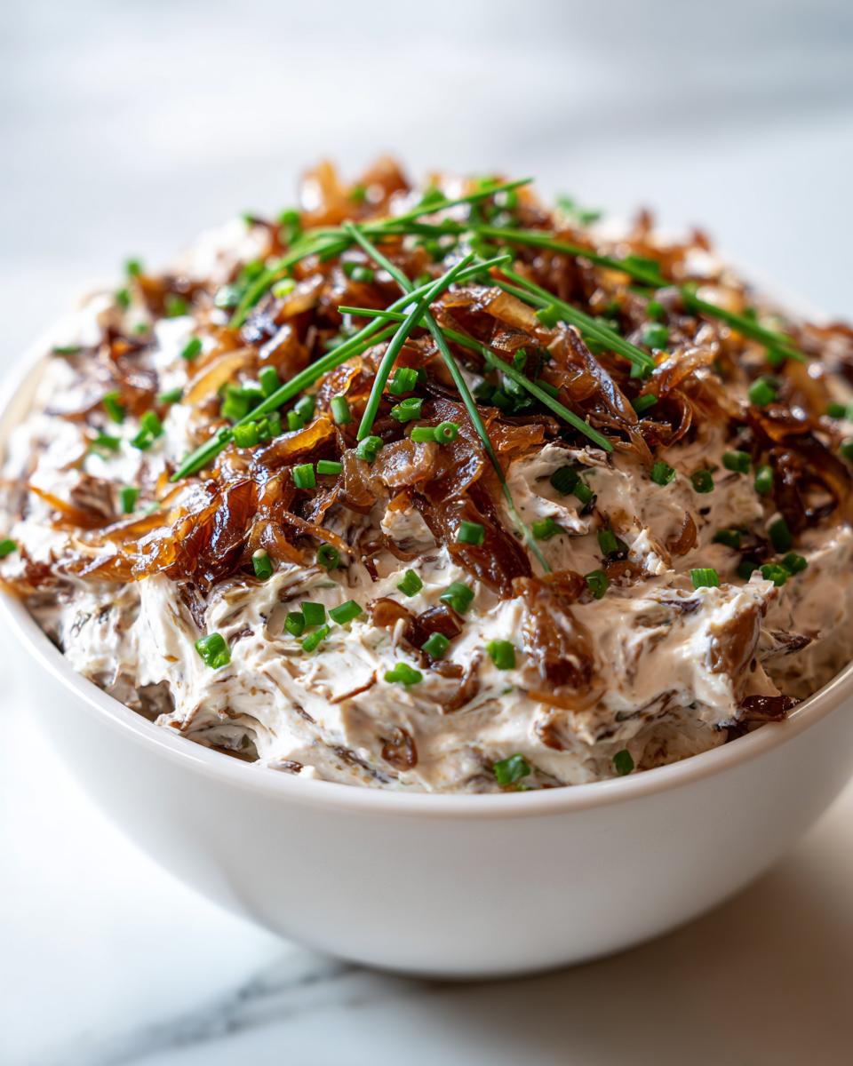 A white bowl filled with creamy caramelized onion dip, generously topped with dark caramelized onions and fresh green chives.