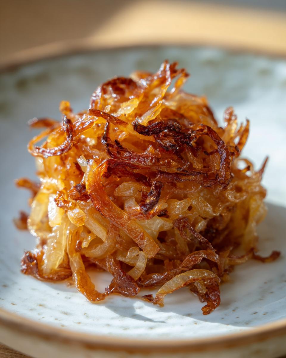 Close-up of a small pile of deeply browned and glossy caramelized onions on a light ceramic plate.