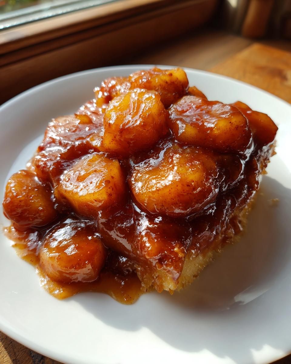 Close-up of a portion of baked dessert topped with thick, glossy, caramelized fruit pieces, similar to apple pie filling recipe.