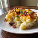 A close-up of a serving of creamy potato casserole topped with melted cheddar cheese, bacon bits, and green onions.