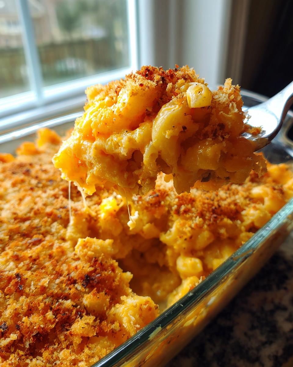 A fork lifts a cheesy scoop of baked mac and cheese recipe, showing a crispy breadcrumb topping.