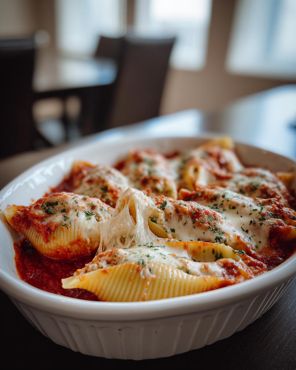 Close-up of baked stuffed shells covered in melted cheese and marinara sauce, showing a cheese pull.