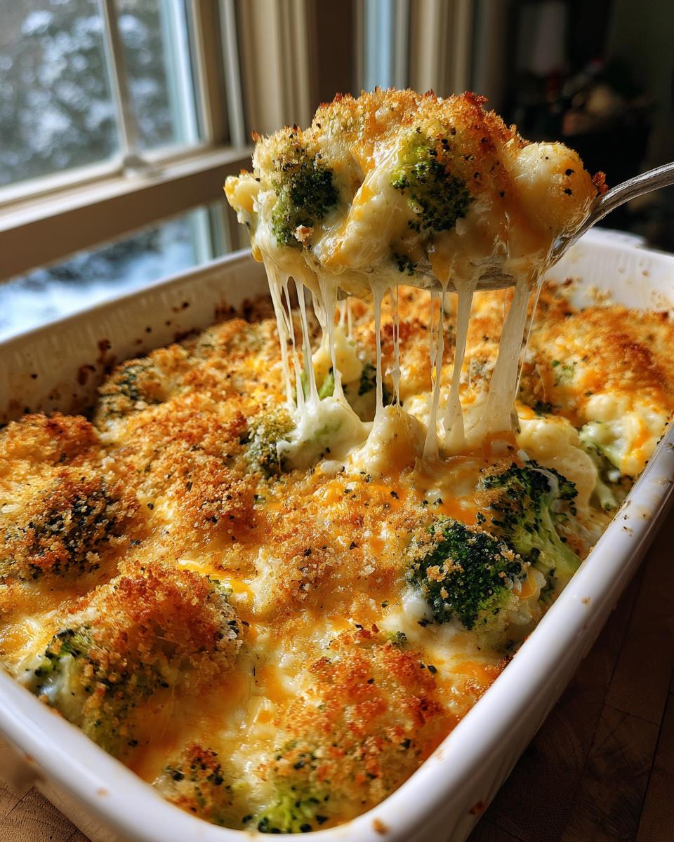 A spoonful of cheesy broccoli cauliflower casserole showing long, melted cheese pulls over the baked dish.