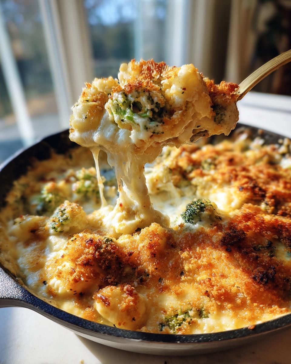 A spoonful of cheesy broccoli cauliflower casserole with long cheese pulls and a golden brown breadcrumb topping.