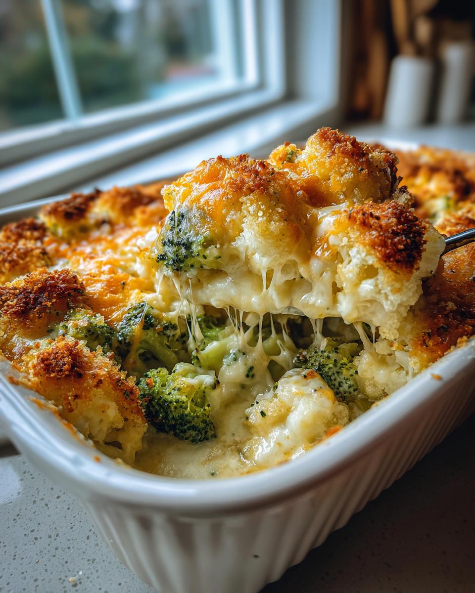 A spoonful of cheesy broccoli cauliflower casserole being lifted, showing dramatic cheese pulls and a golden, crispy topping.