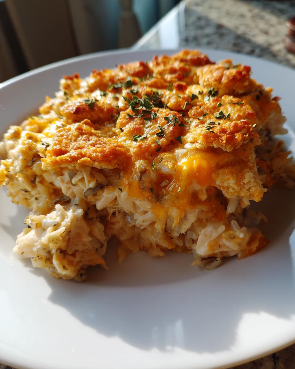 A close-up serving of creamy chicken and wild rice casserole topped with melted cheddar cheese and parsley.