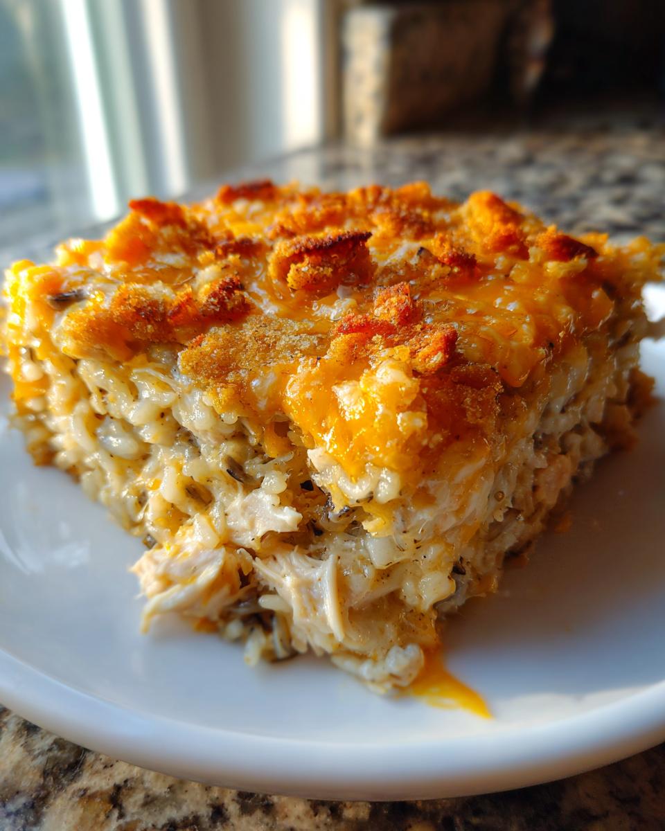 A square serving of creamy chicken and wild rice casserole topped with melted cheddar cheese and baked crust.