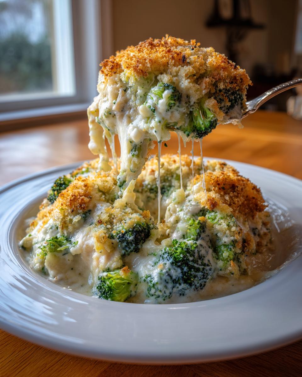 A spoonful of creamy Chicken Divan, showing melted cheese strings stretching from the serving onto the main dish, topped with golden breadcrumbs.