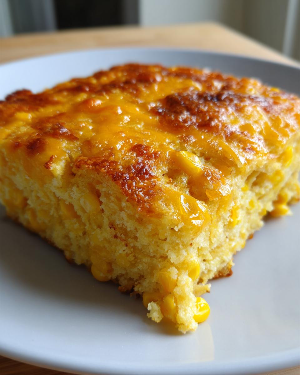 A square slice of moist cornbread casserole topped with melted, browned cheddar cheese.