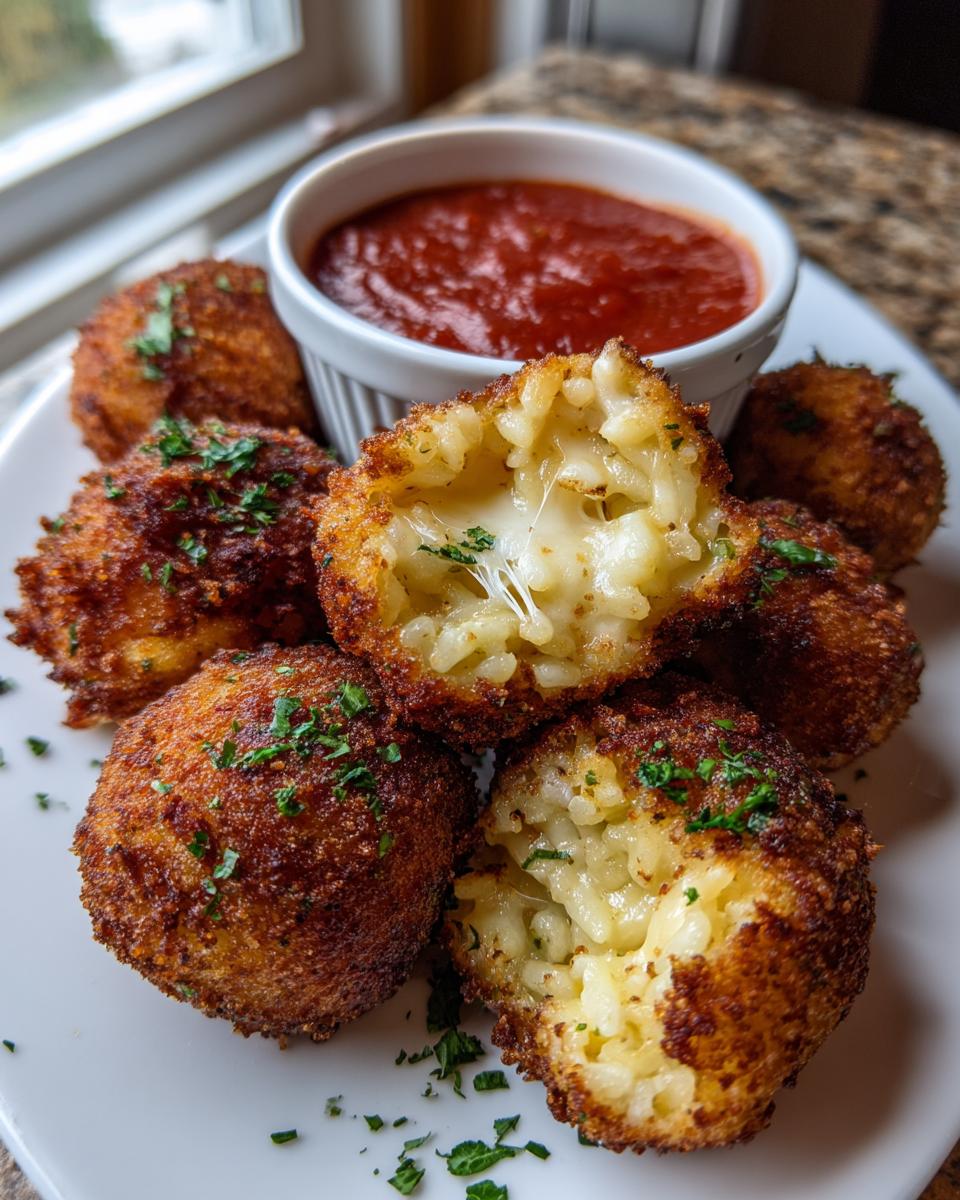 Close-up of golden brown, crispy fried rice balls, one cut open showing melted cheese pull, served with marinara sauce.