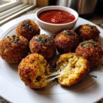 A plate of golden brown fried rice balls, one broken open showing melted cheese stretching out, served with a side of marinara sauce.