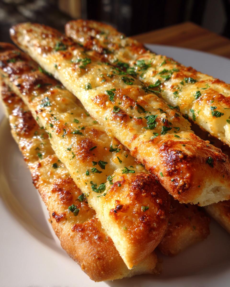 Close-up of several golden brown, cheesy breadsticks topped with fresh green parsley.