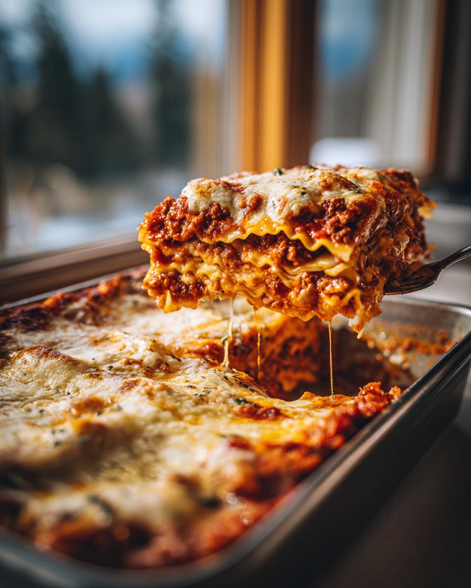 A fork lifts a cheesy, layered slice of instant pot lasagna out of the baking dish, showing melted cheese strings.