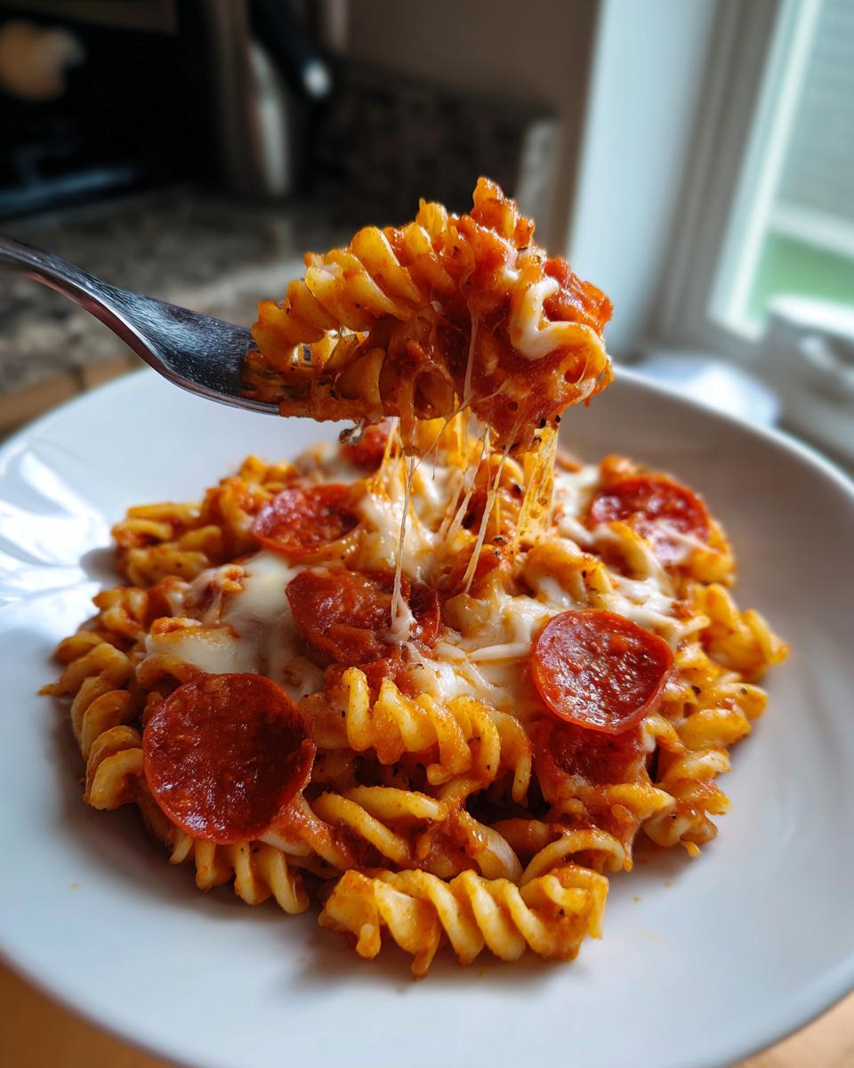 A fork lifts a cheesy, saucy bite of pepperoni pizza pasta, showing a dramatic cheese pull.
