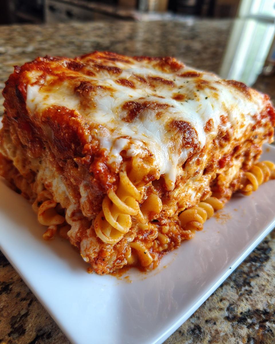 A thick, square serving of cheesy pizza casserole made with rotini pasta, covered in melted mozzarella and rich tomato sauce.