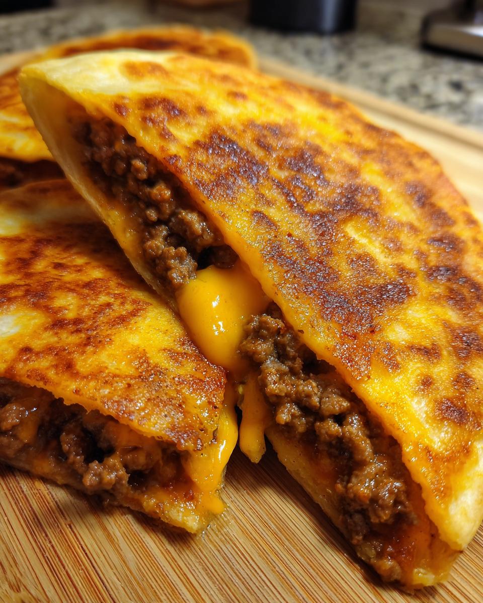 Two halves of golden-brown cheesy pocket tacos, filled with seasoned ground beef and melted cheese.