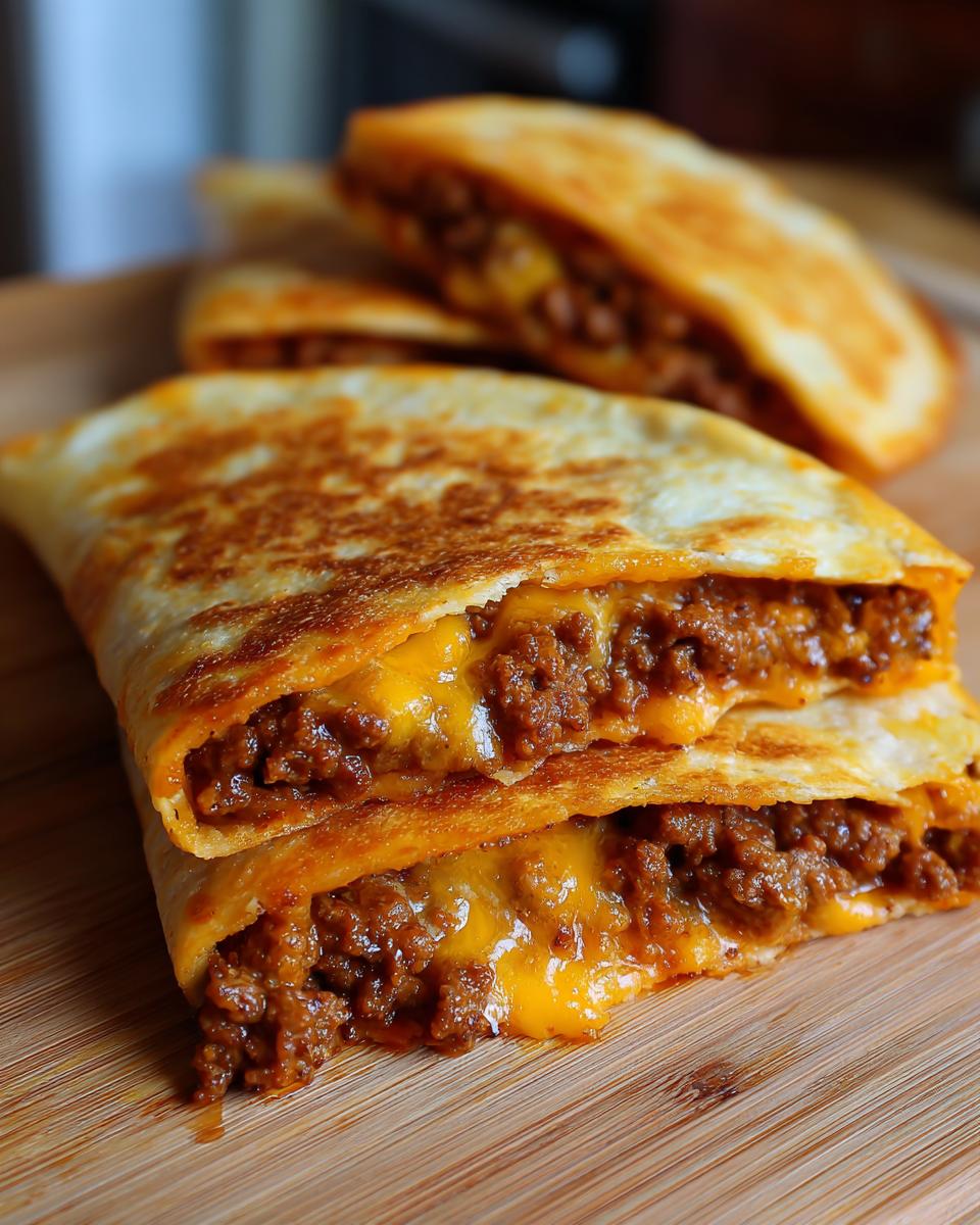Close-up of two halves of golden-brown cheesy pocket tacos, oozing with melted cheddar cheese and seasoned ground beef.