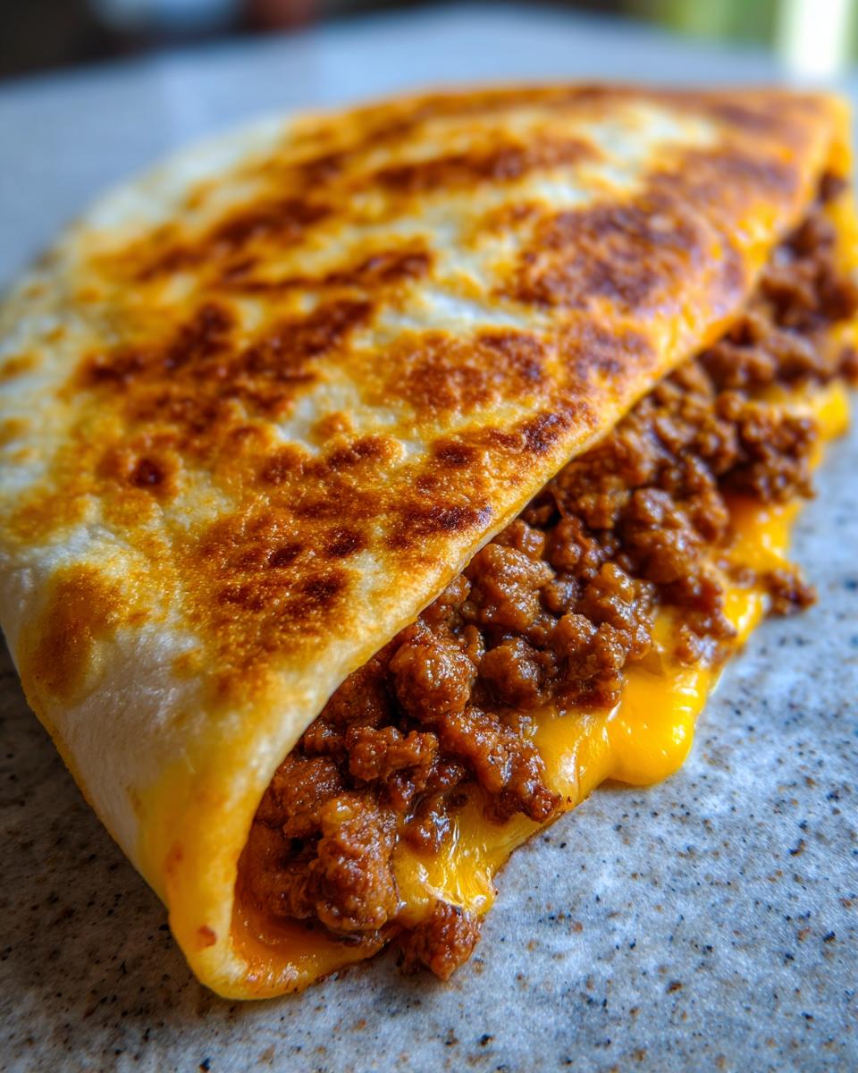 Close-up of a golden-brown cheesy pocket taco overflowing with seasoned ground beef and melted cheddar cheese.